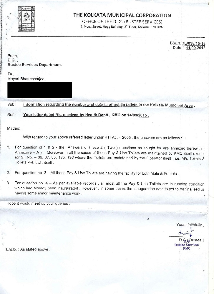 Response to my RTI application about the status of public toilets in Kolkata