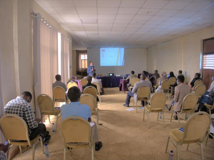 Participants of the workshop listening to Lemessa Mekonta, IRC Ethiopia country director