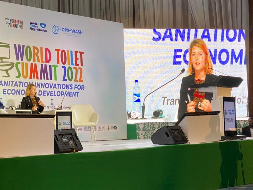 Angela Huston speaking at the 2022 World Toilet Summit (photo by: Dominic O'Neill, Sanitation and Hygiene Fund)