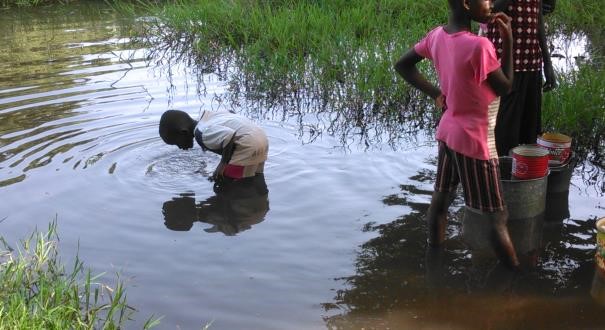Less than 200m from an infrequently used tubewell, this stream served as the preferred water source for children collecting drinking water for the household in one of the study villages in Northern Ghana (Photo by André Koné)